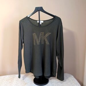 Michael Kors Dark Green Longsleeve T-shirt with Gold Studded MK Emblem. Size XL